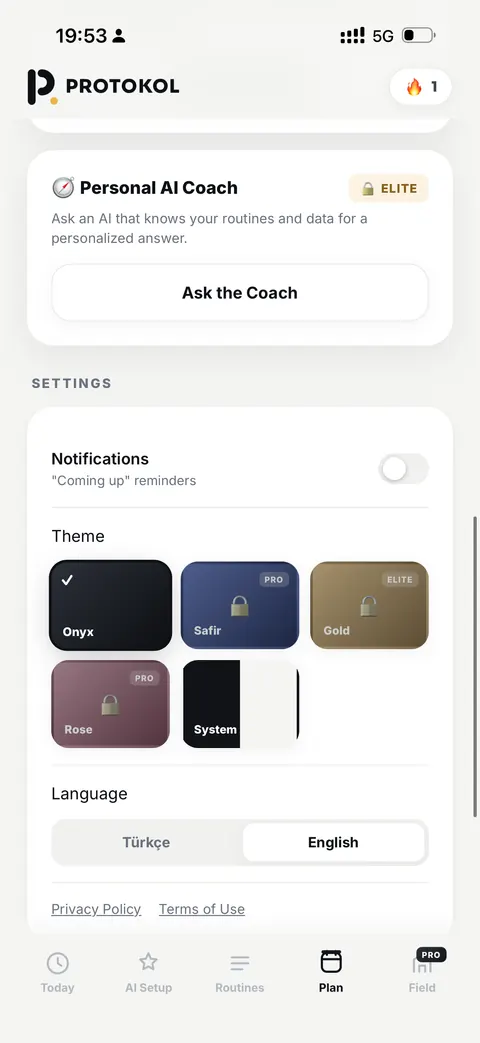 The PROTOKOL theme picker showing System, Onyx, Rose, Sapphire and Gold