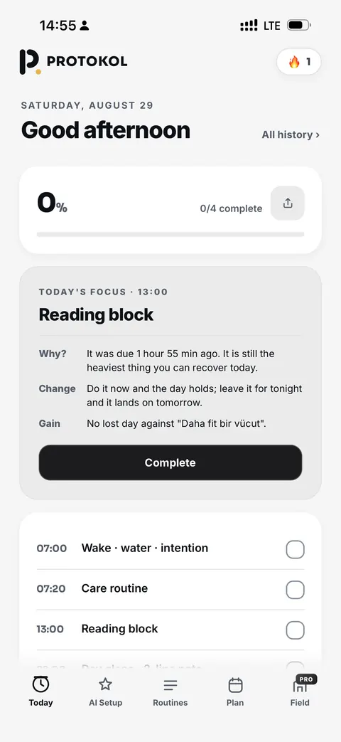 The PROTOKOL Today screen: routines on a timeline with one book-derived move
